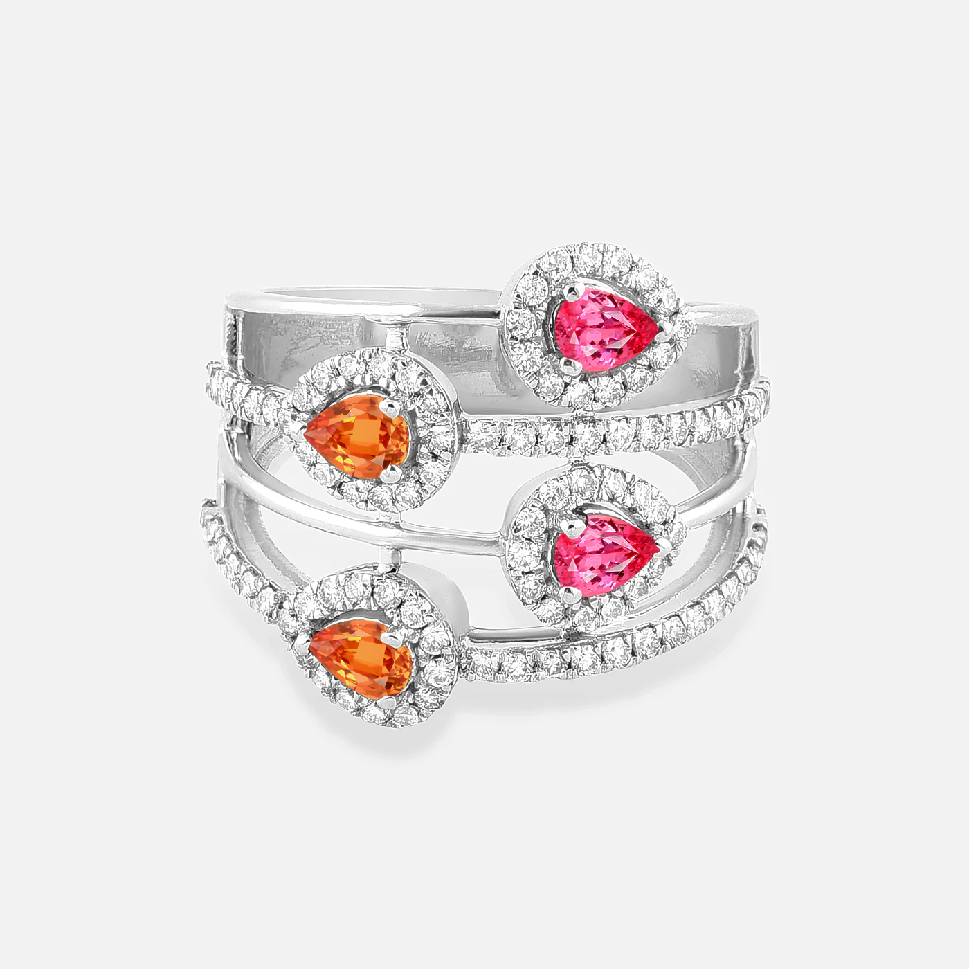 Pink spinel, spessartite and diamond ring