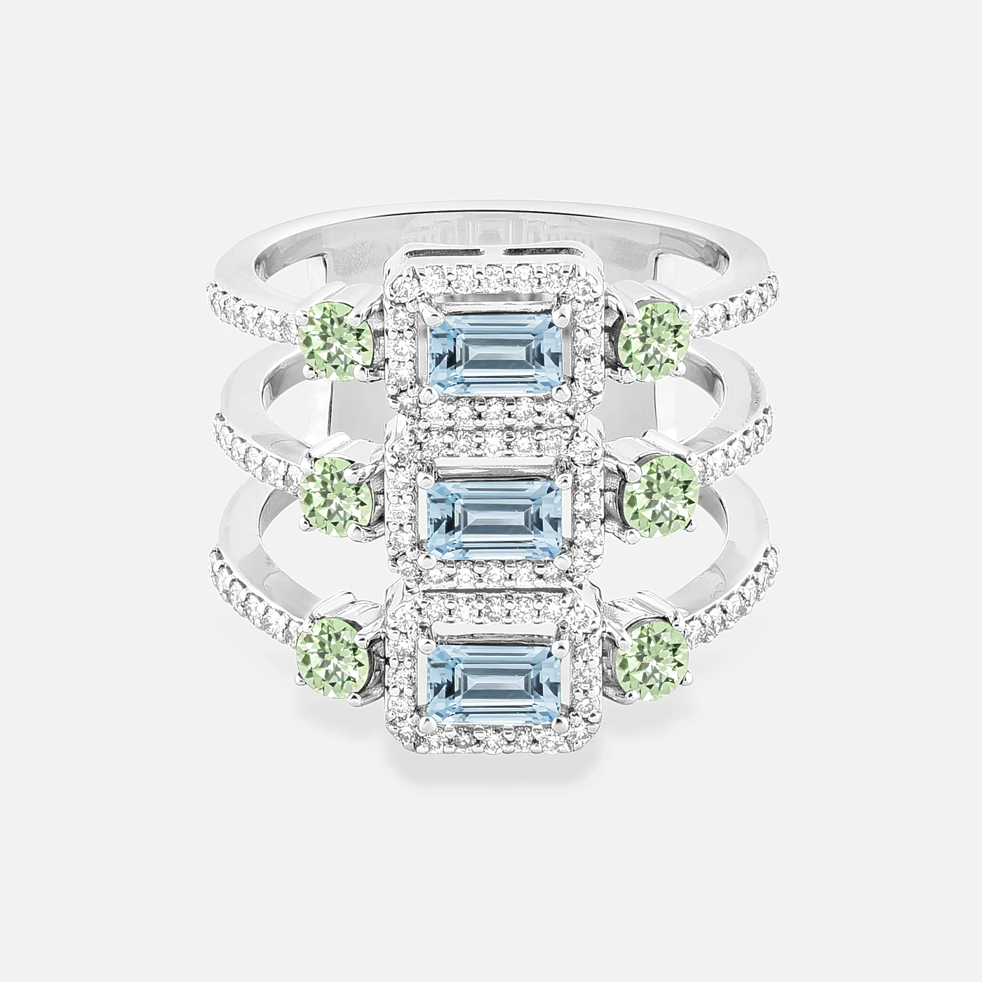 Aquamarine, mint garnet and diamond ring