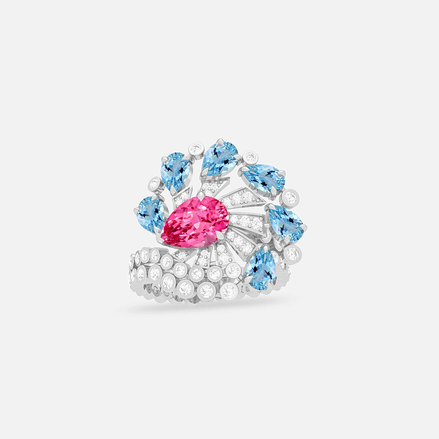 Pink spinel, aquamarine and diamond ring