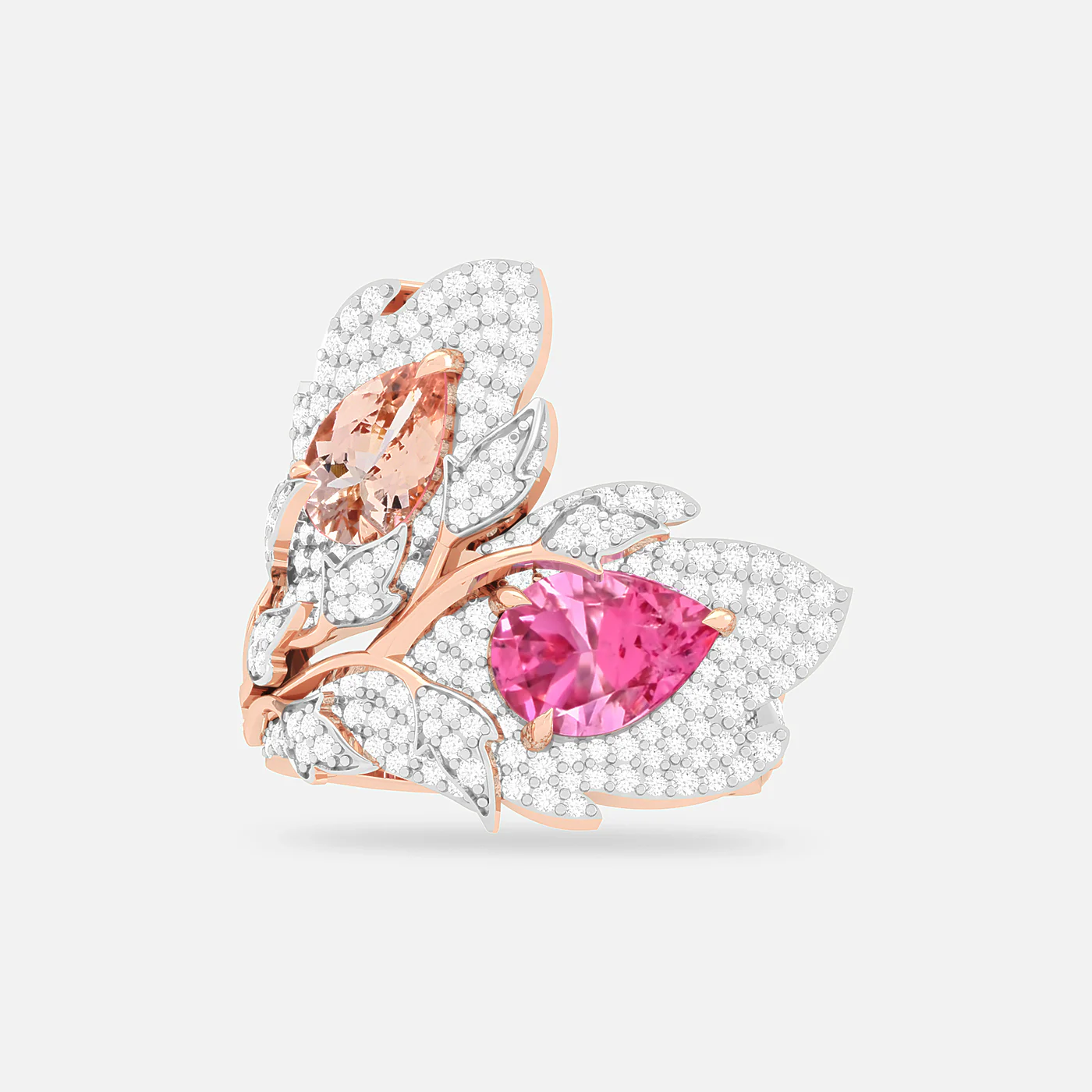 Morganite, pink spinel and diamond feather ring