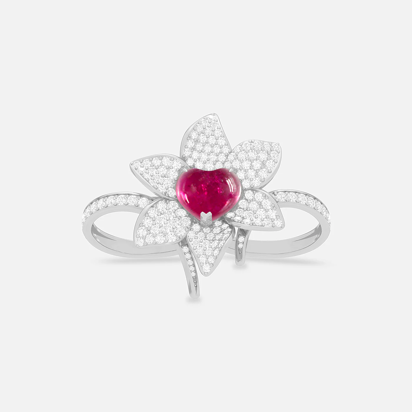 Heart in bloom rubellite and diamond dual finger ring
