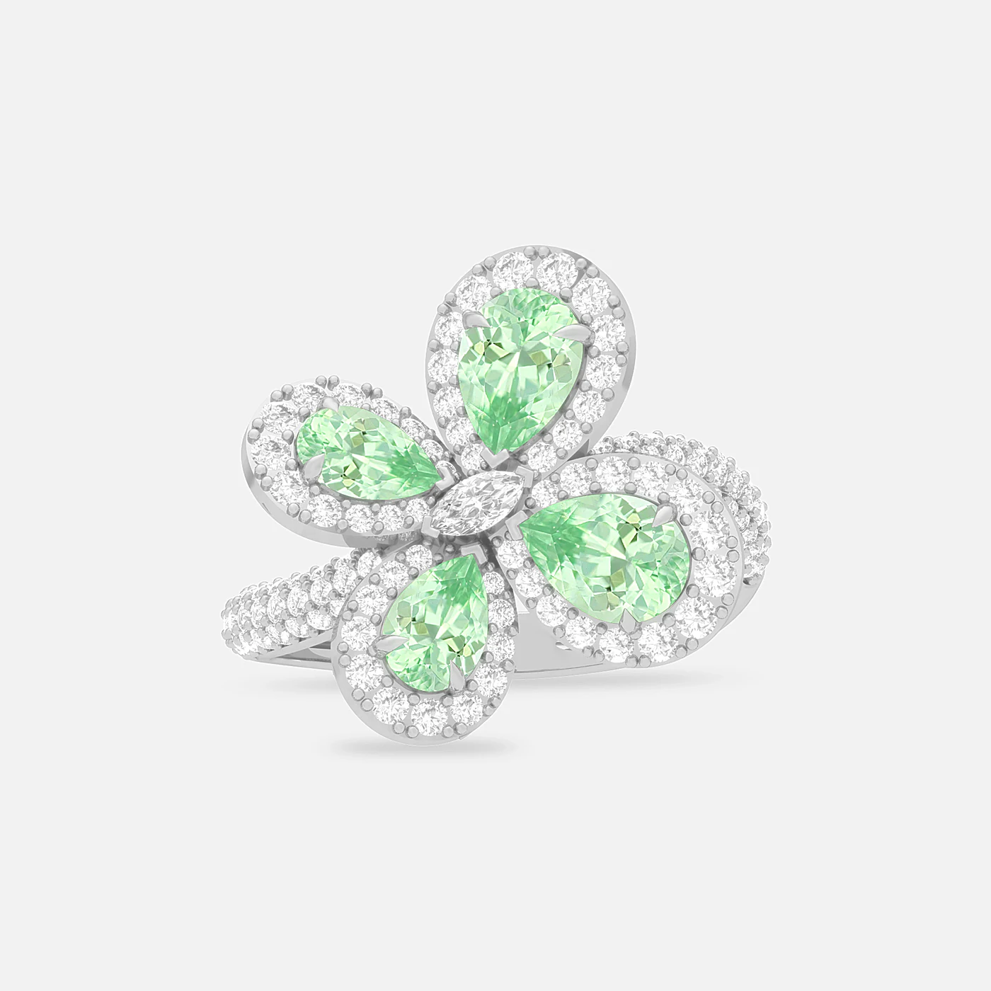 Mint garnet and diamond bloom ring