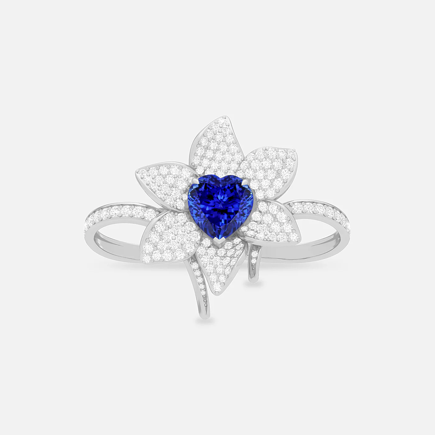 Heart in bloom tanzanite and diamond dual finger ring