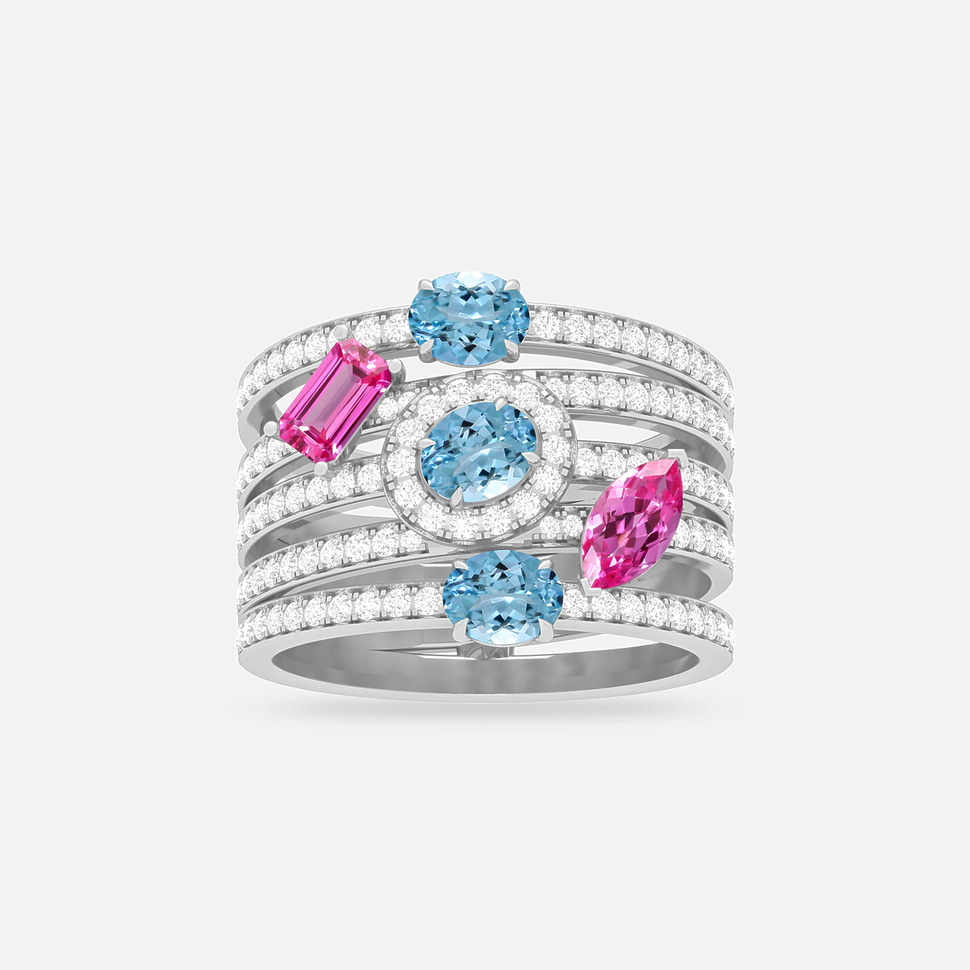 Pink spinel, aquamarine and diamond ring