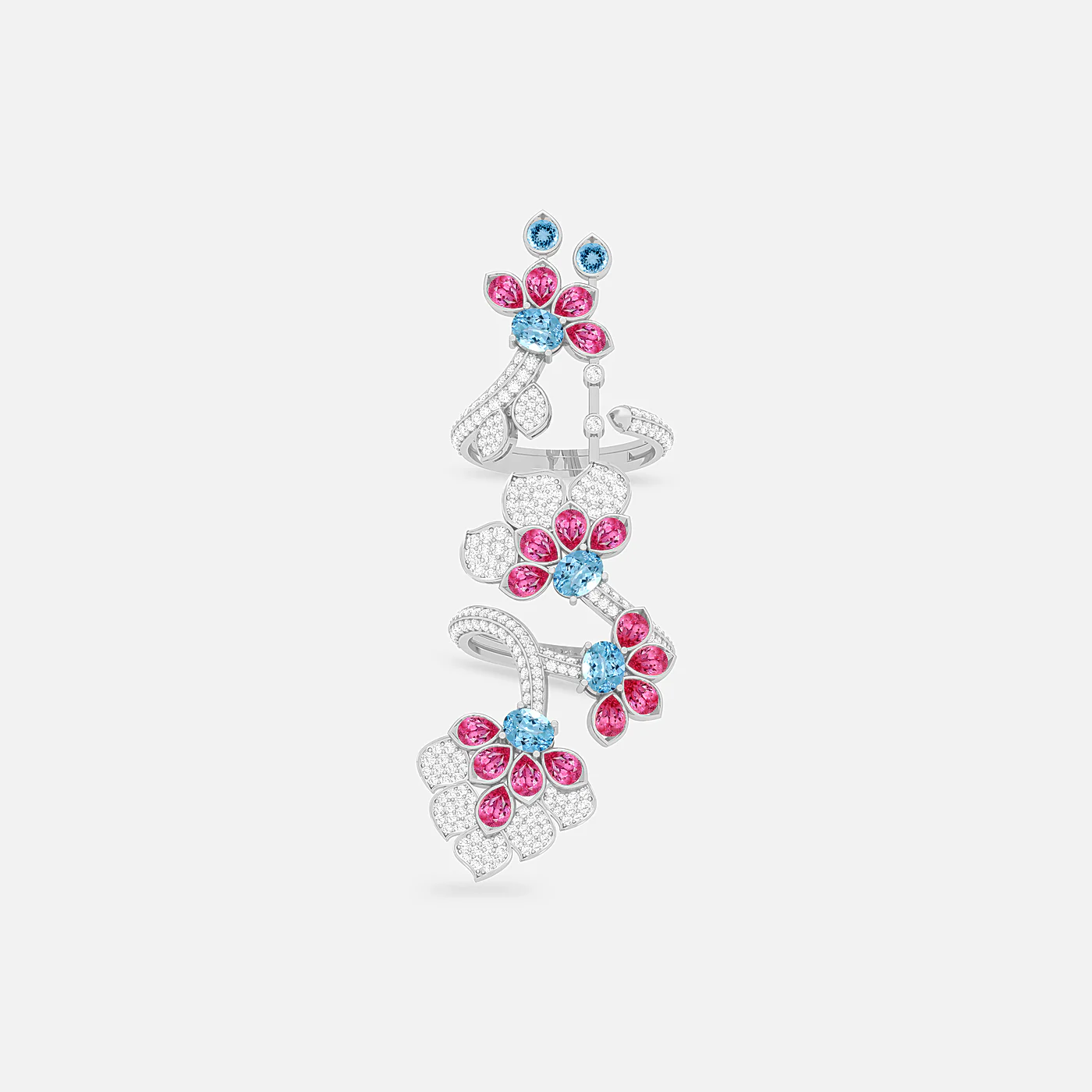 Pink spinel, aquamarine and diamond bloom statement ring