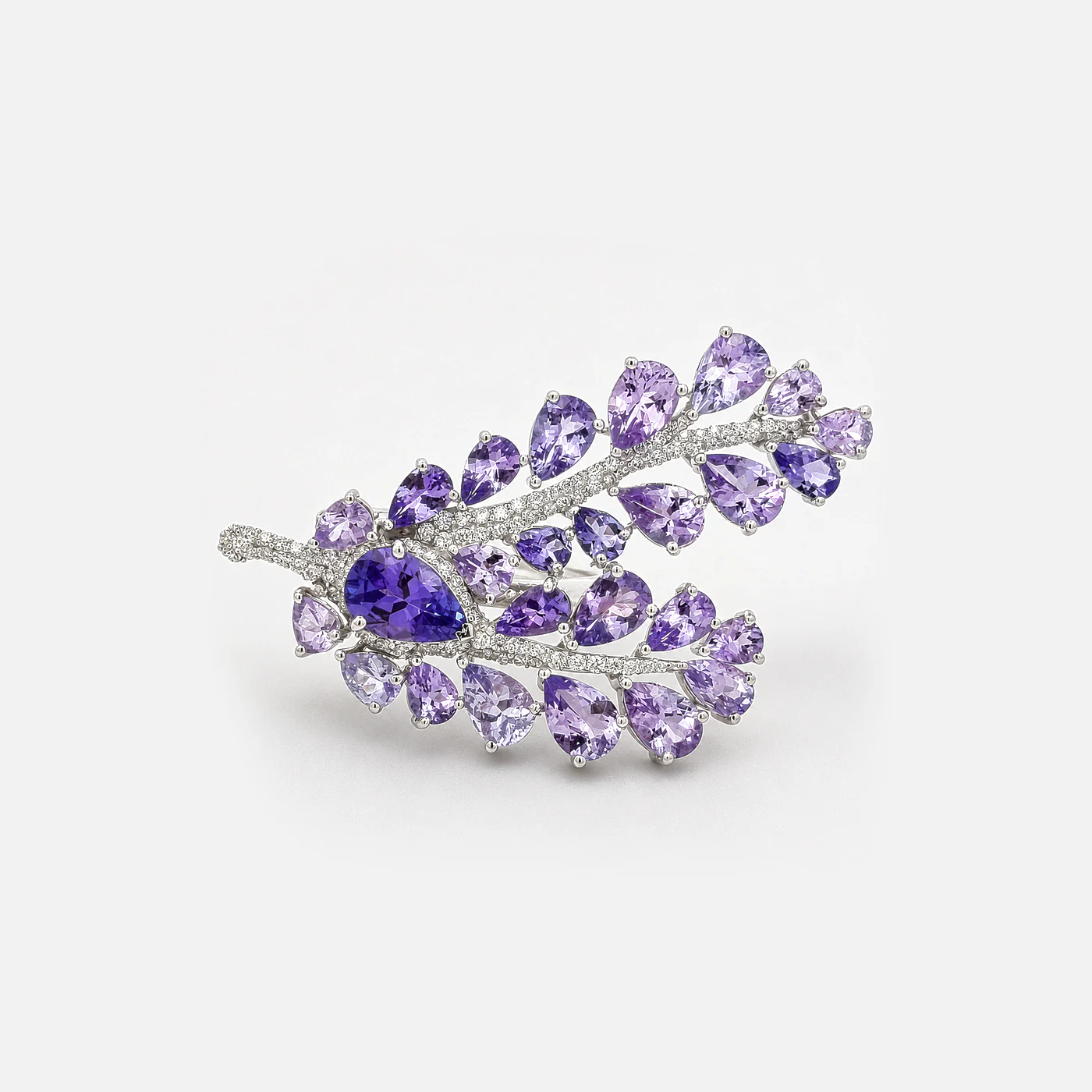 Lavender tanzanite, tanzanite and diamond fern ring