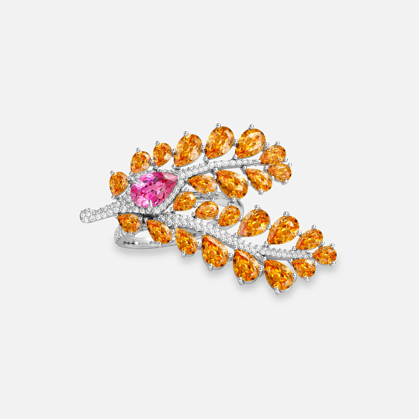 Spessartite, pink spinel and diamond fern ring