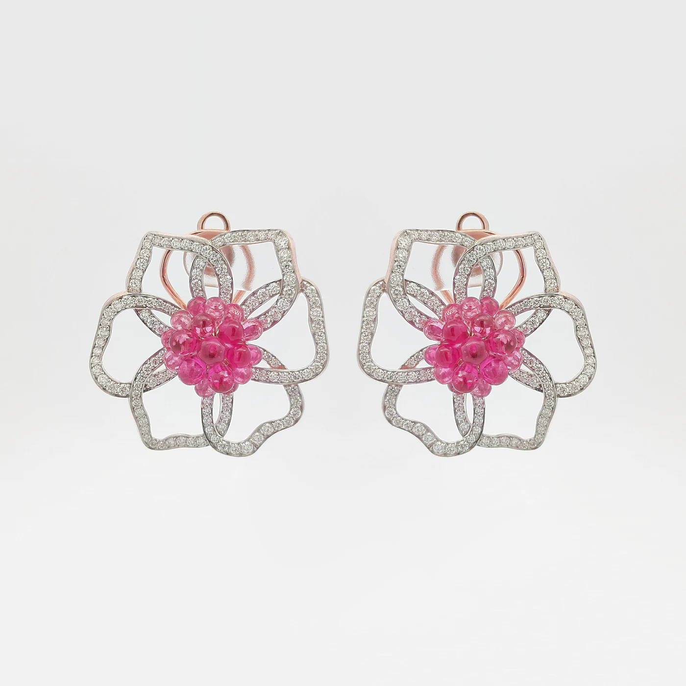 Pink spinel and diamond rosette studs rose