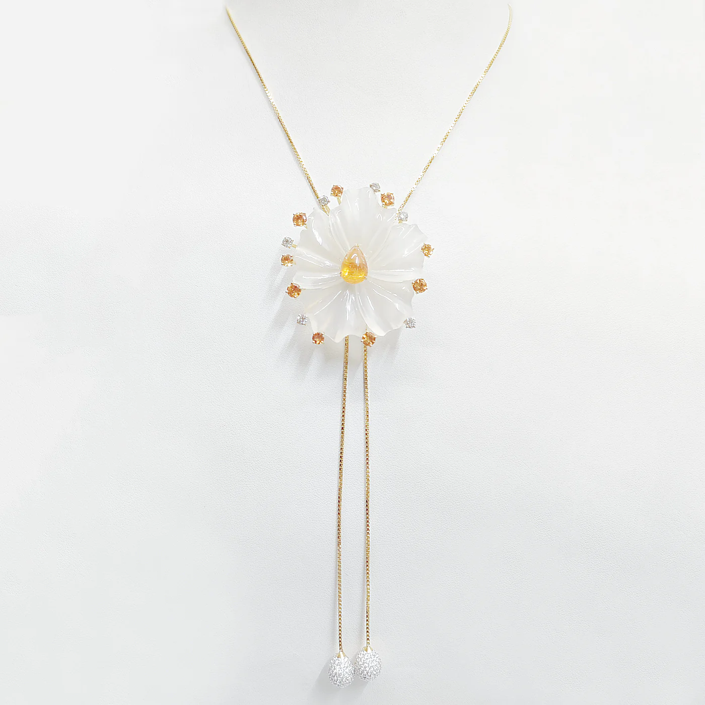 Chalcedony and spessartite floral motif long chain