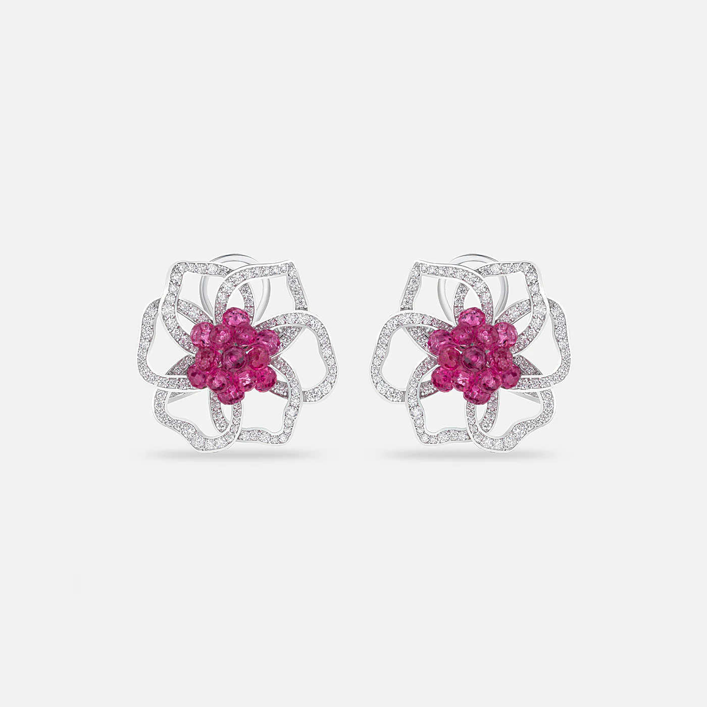 Pink spinel and diamond rosette studs