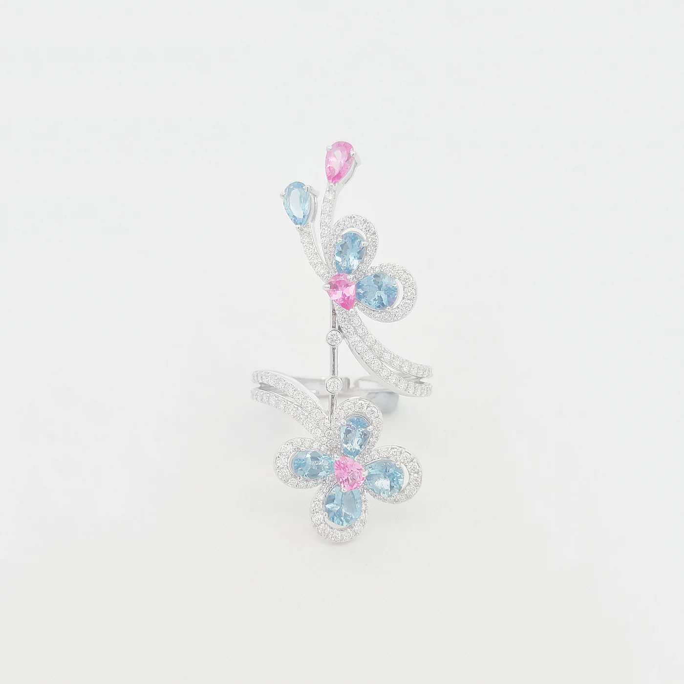 Aquamarine, pink spinel and diamond bloom statement ring