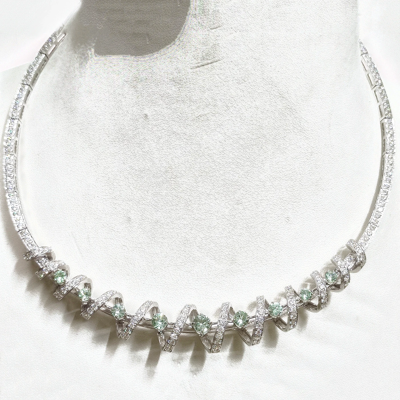 Mint garnet and diamond swirl necklace