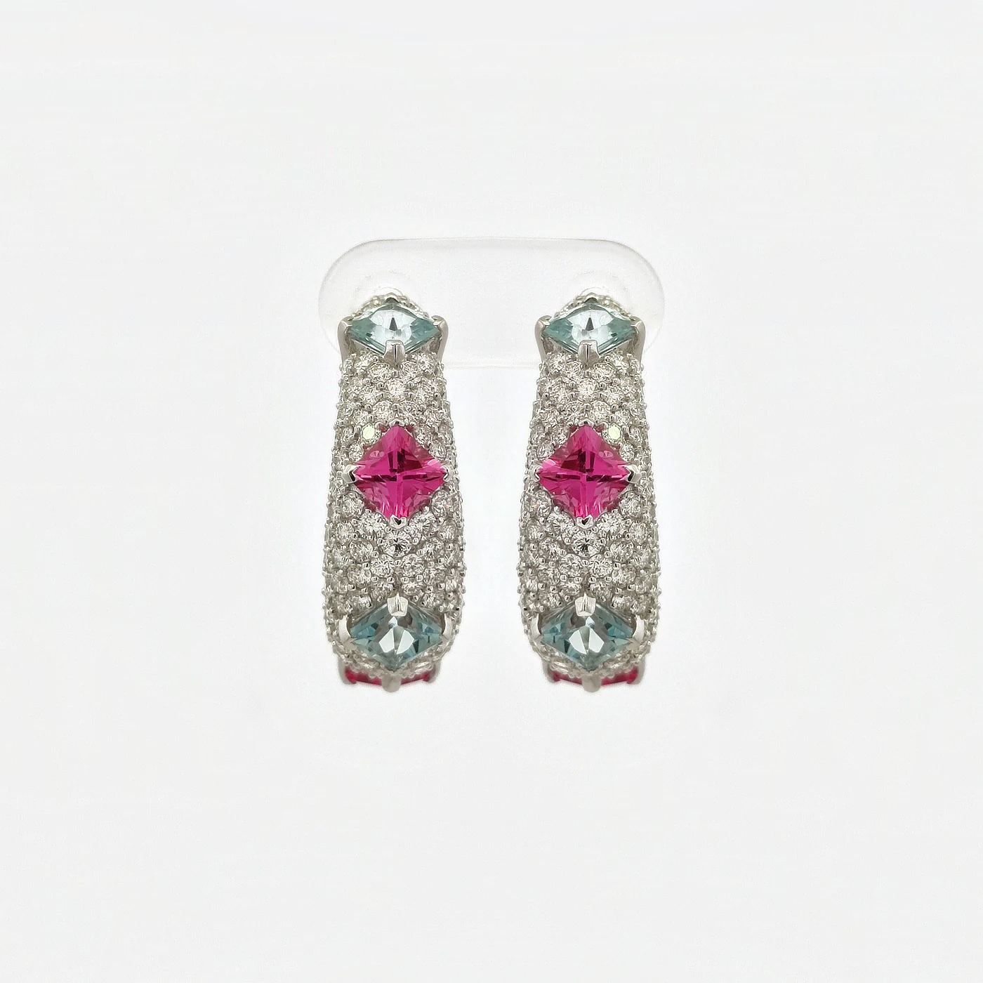 Pink spinel, aquamarine and diamond dazzle earrings