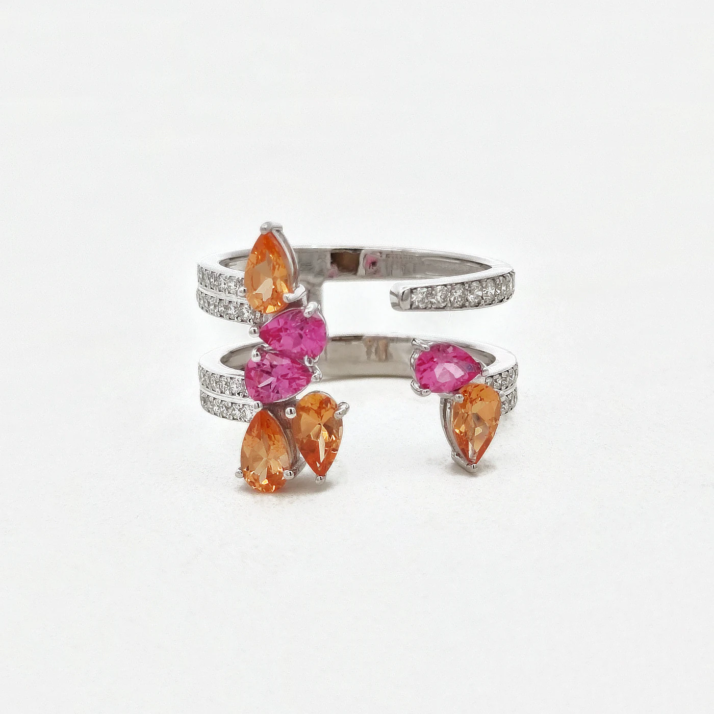 Pink spinel, spessartite and diamond ring