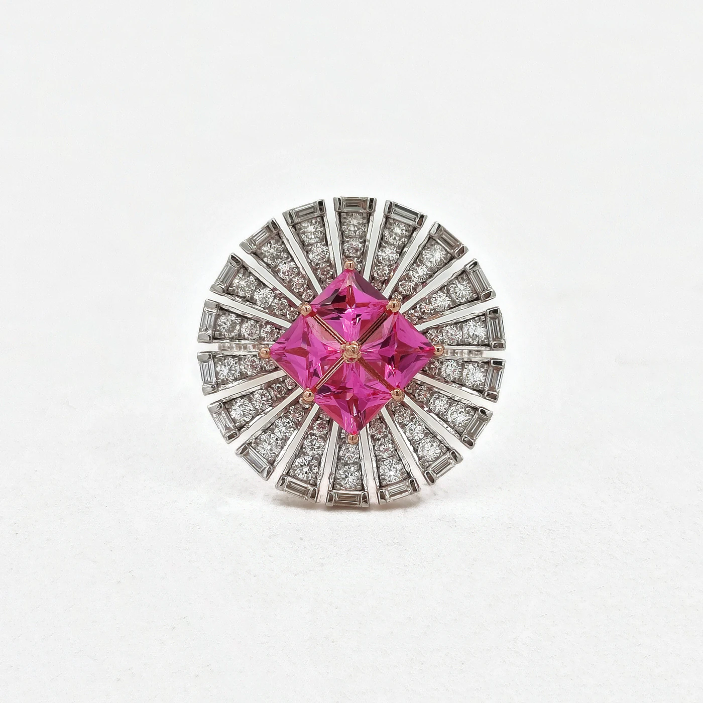 Pink spinel and diamond flare ring