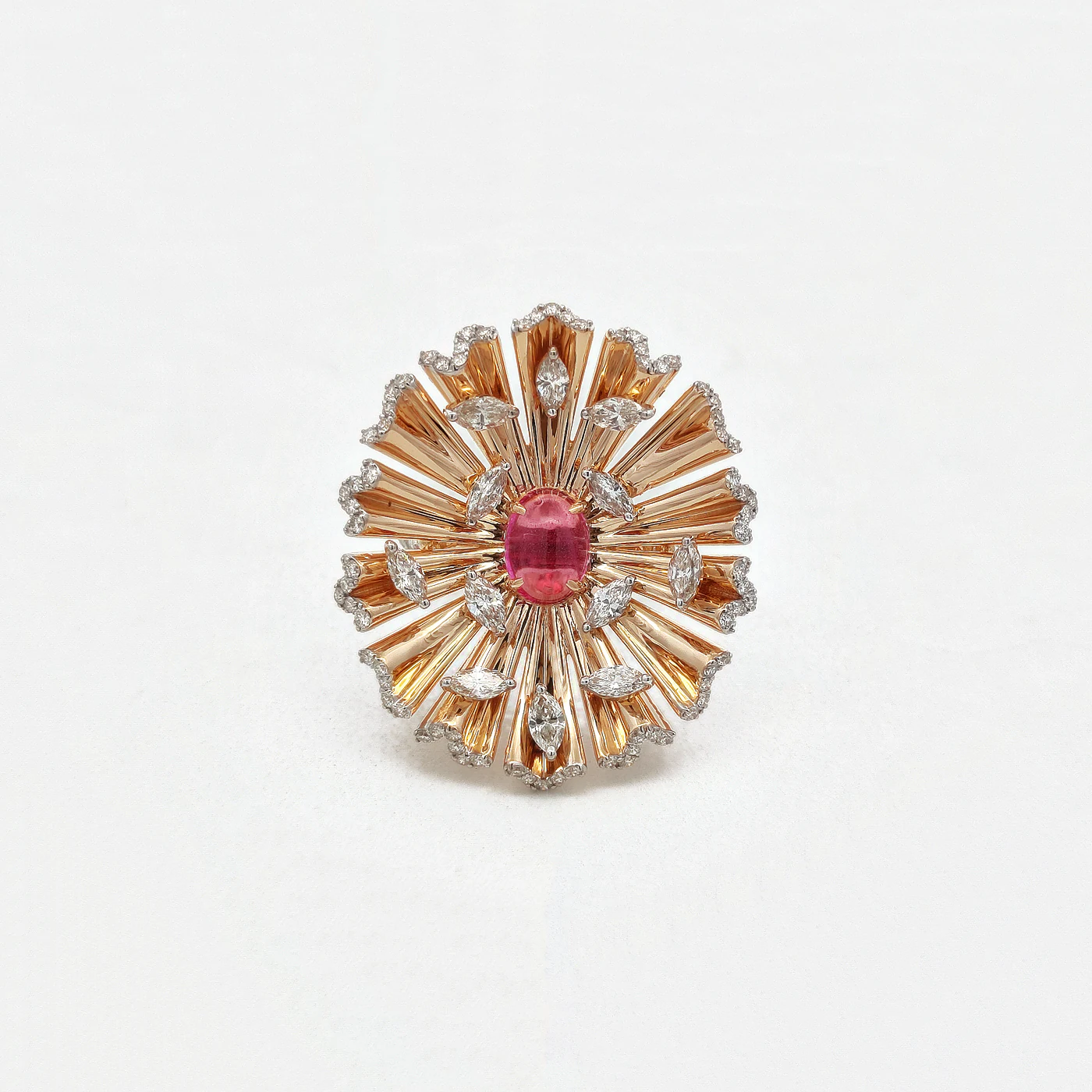 Pink spinel and diamond shamsa ring