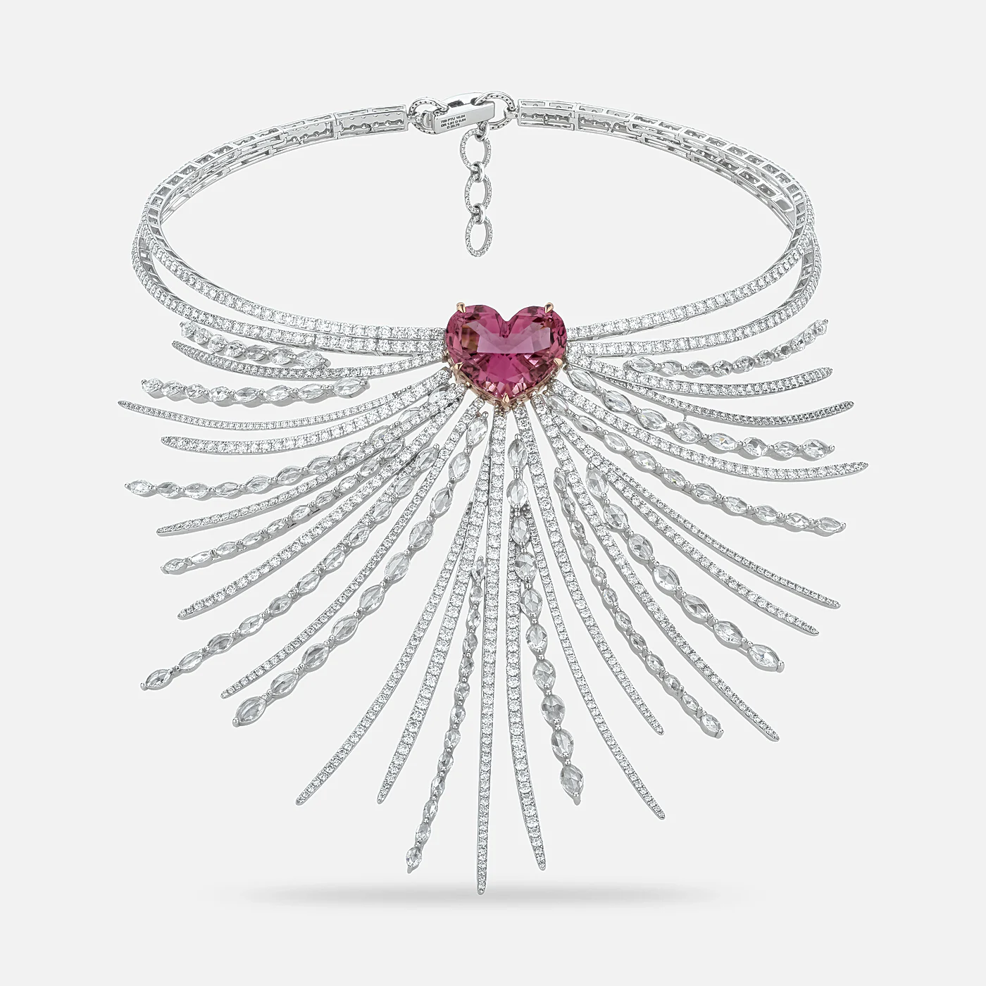 Samaah: a fringed diamond collar centred on a heart-cut pink spinel.