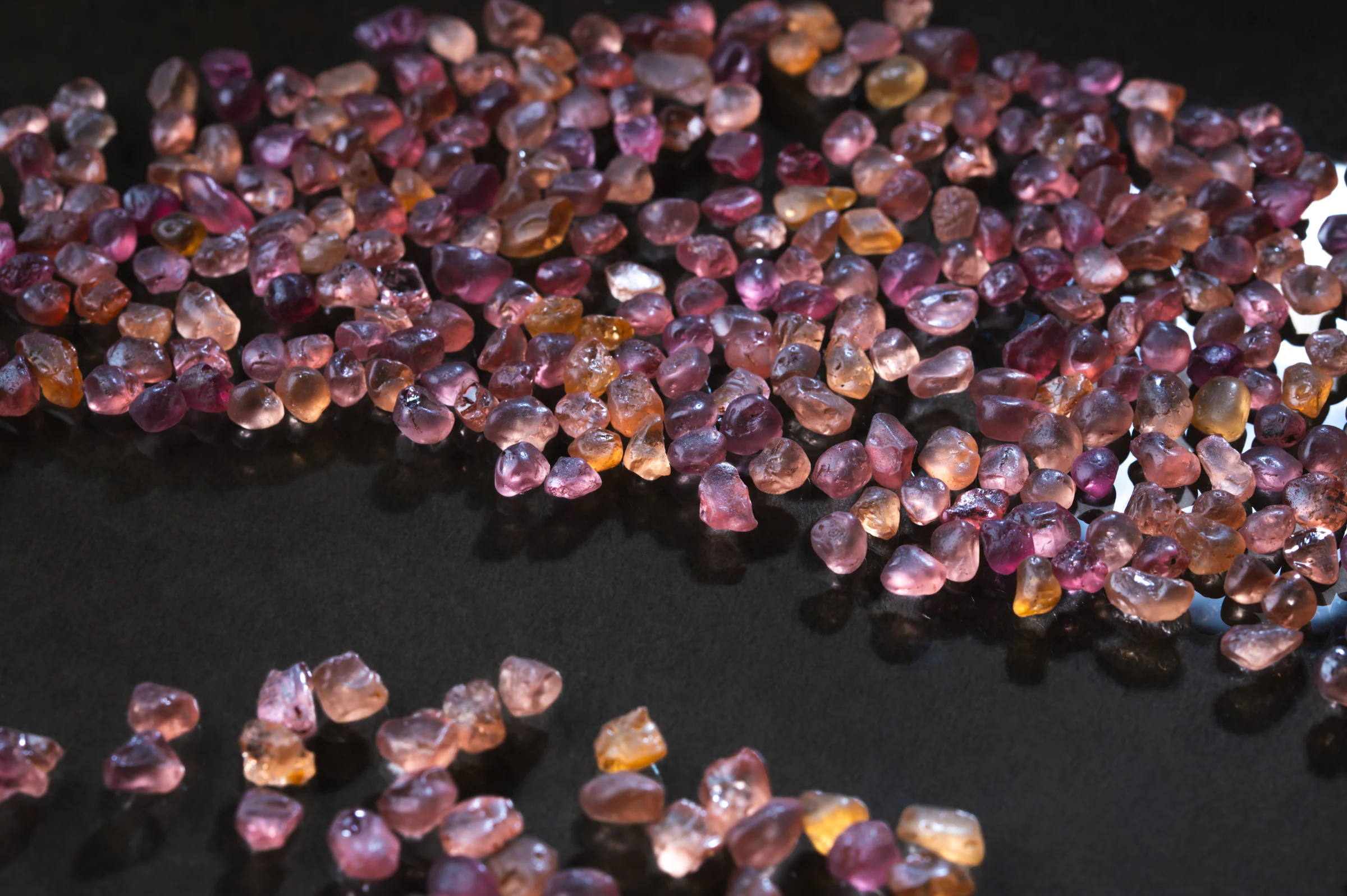 Rough Malaya garnets in pink, peach and amber on black.