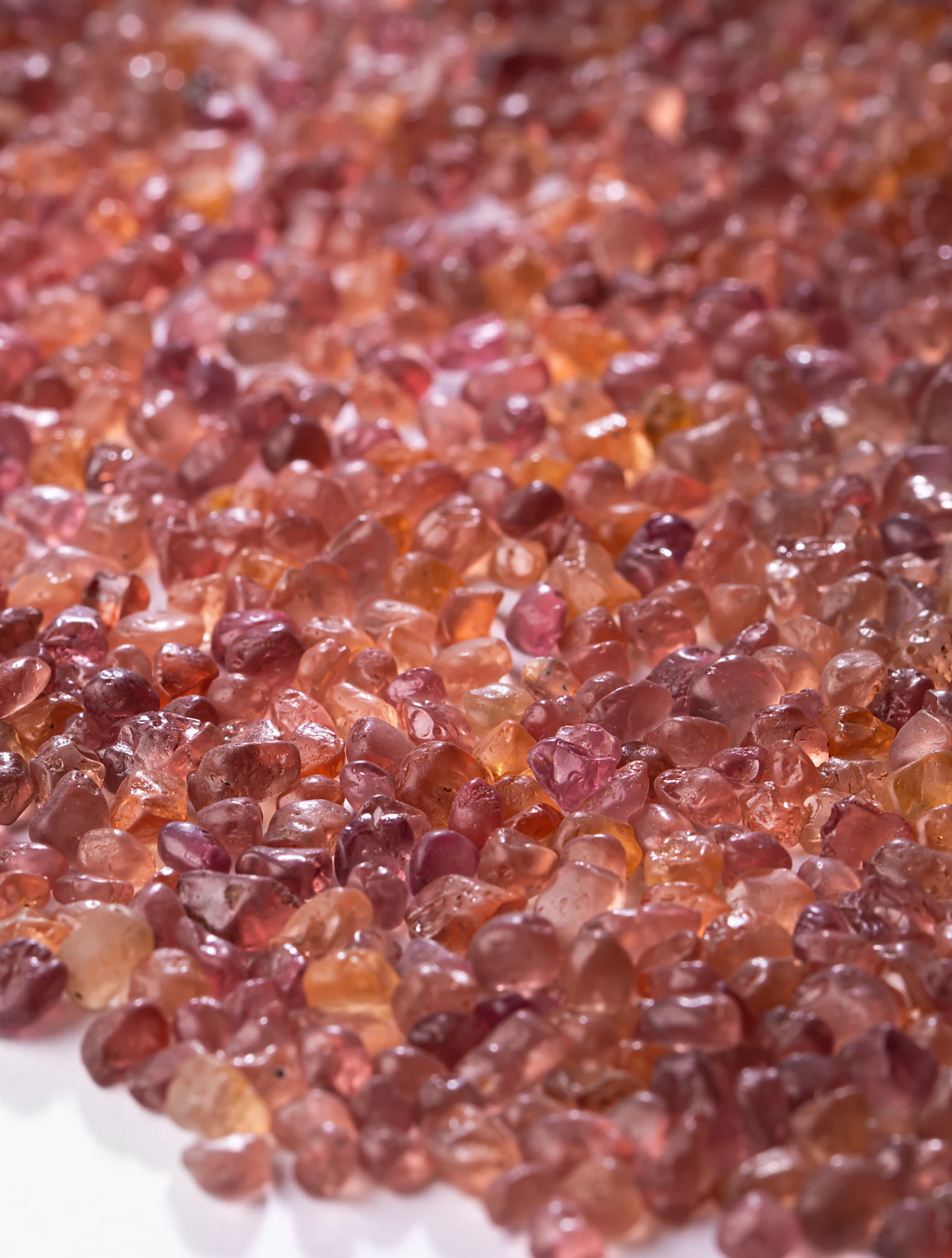 A drift of small rough Malaya garnets on white.