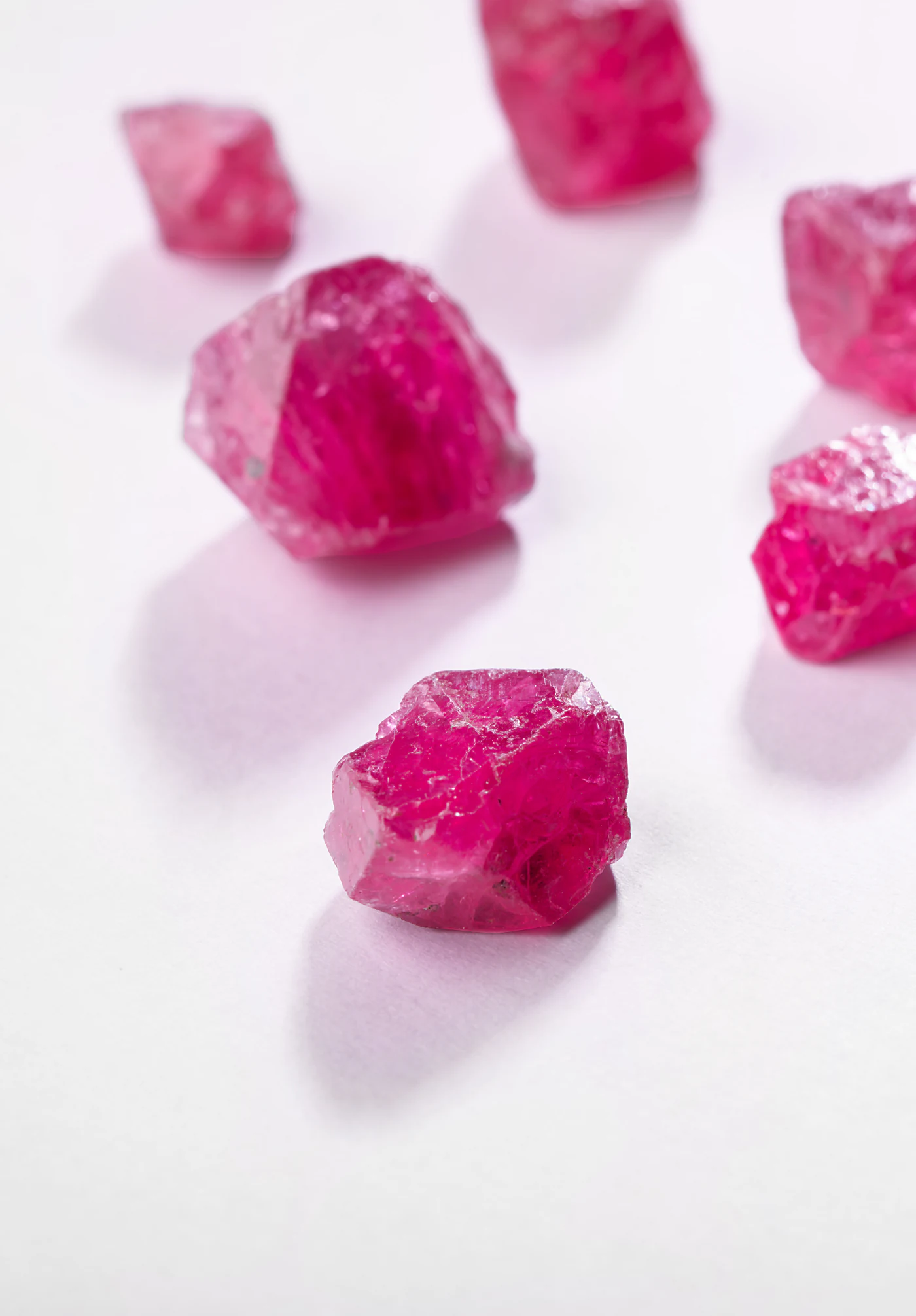 Rough pink spinel crystals on white, the nearest in sharp focus.
