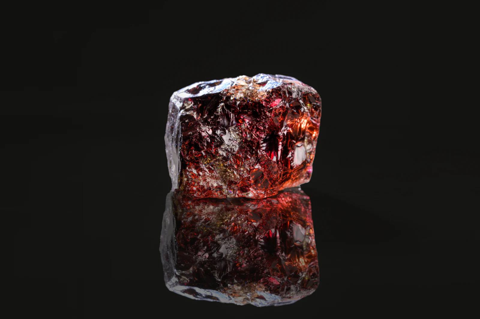 A rough crystal on black, reflected in the surface beneath it.